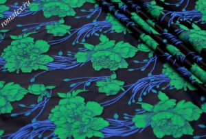 Ткань для занавесок Жаккард тафта «КИТАЙСКАЯ РОЗА» цвет темно-синий зеленые цветы
